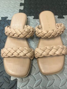 Braided Double-Strap Slide Sandals in Nude